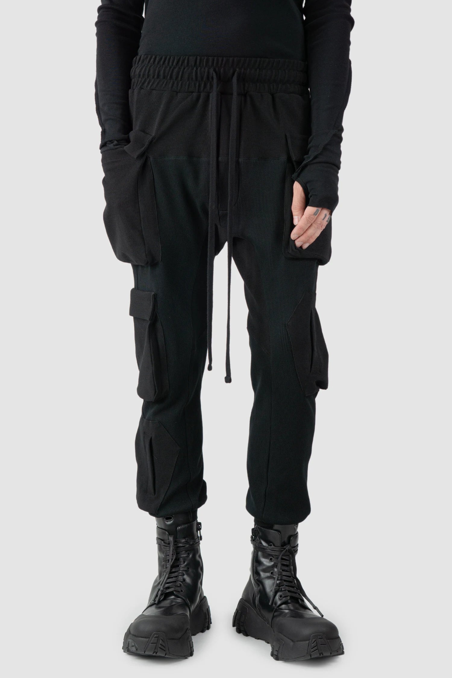 Thom Krom - model front relaxed view of black Mixed Cotton Slim Fit Cargo Trousers - M-ST-502