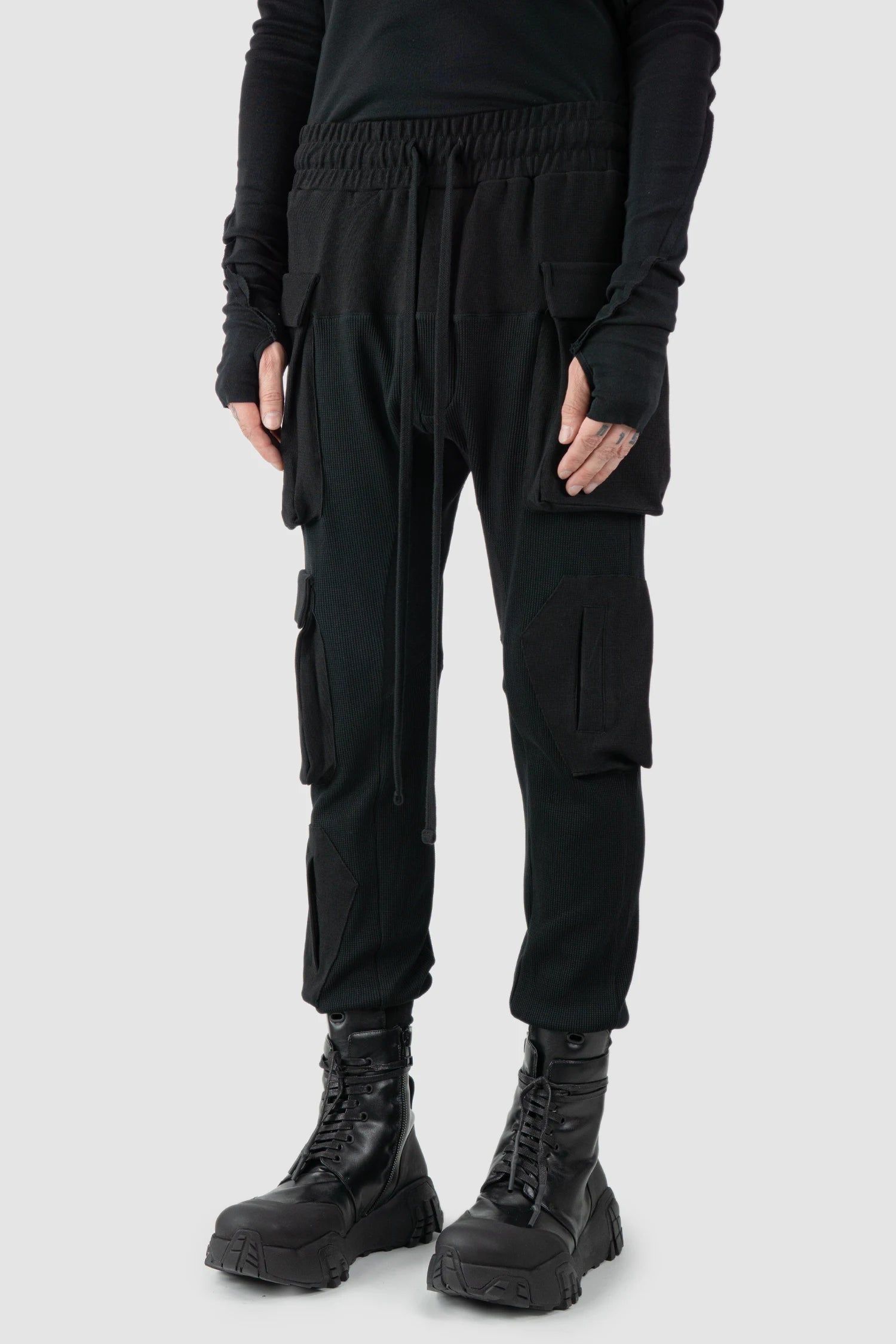 Thom Krom - model front side view of black Mixed Cotton Slim Fit Cargo Trousers - M-ST-502