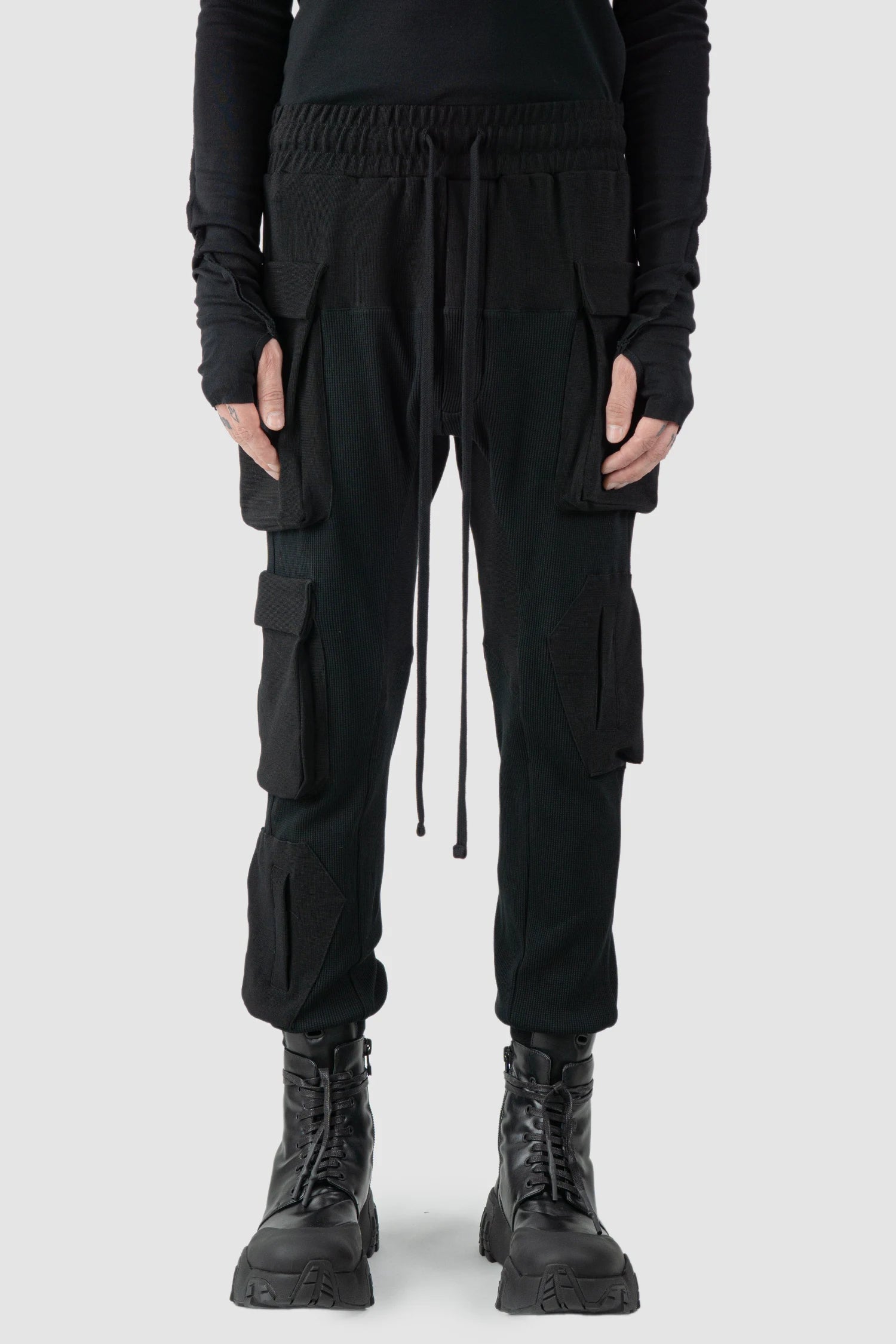 Thom Krom - model front view of black Mixed Cotton Slim Fit Cargo Trousers - M-ST-502