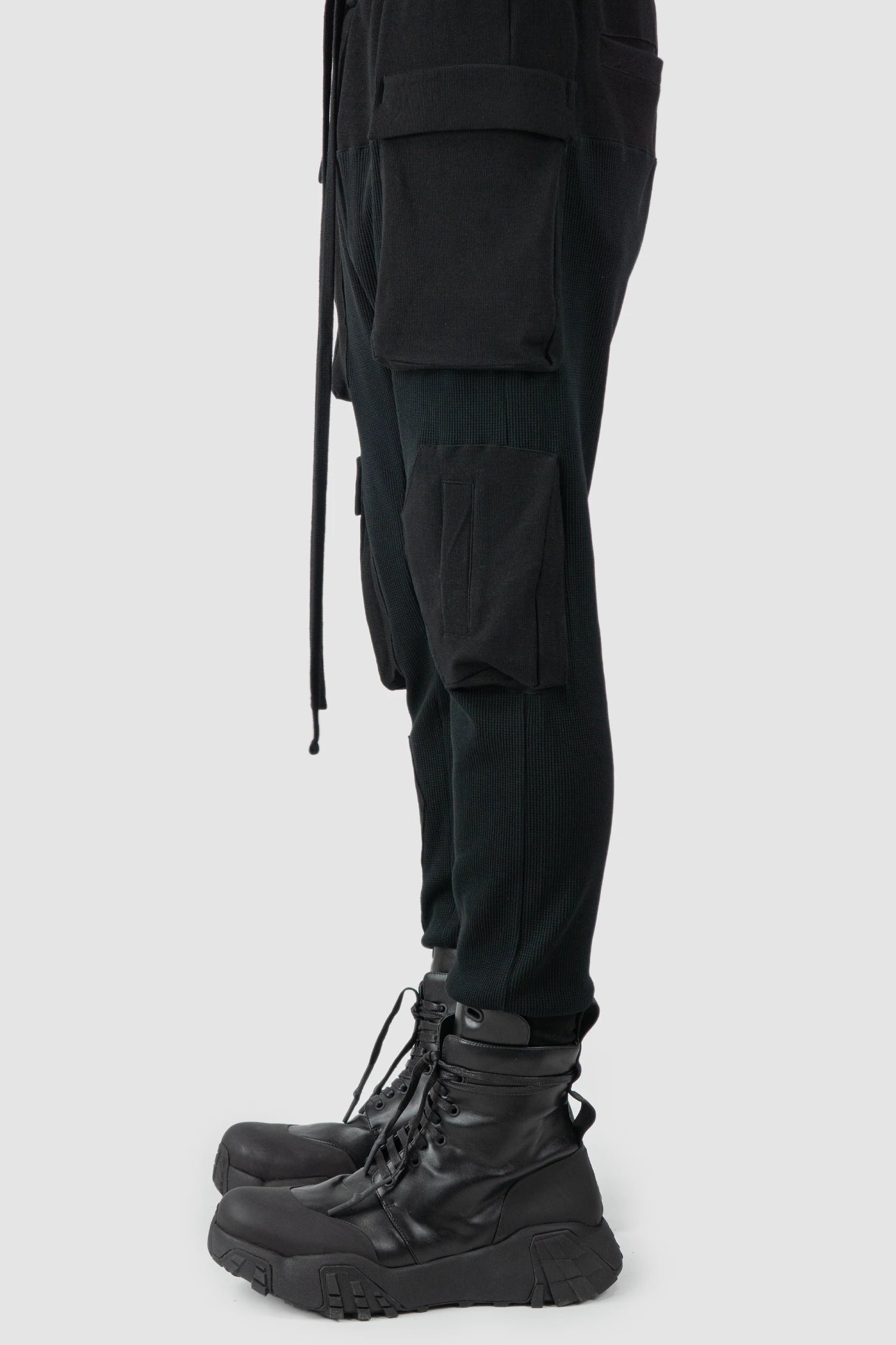 Thom Krom - model side view of black Mixed Cotton Slim Fit Cargo Trousers - M-ST-502