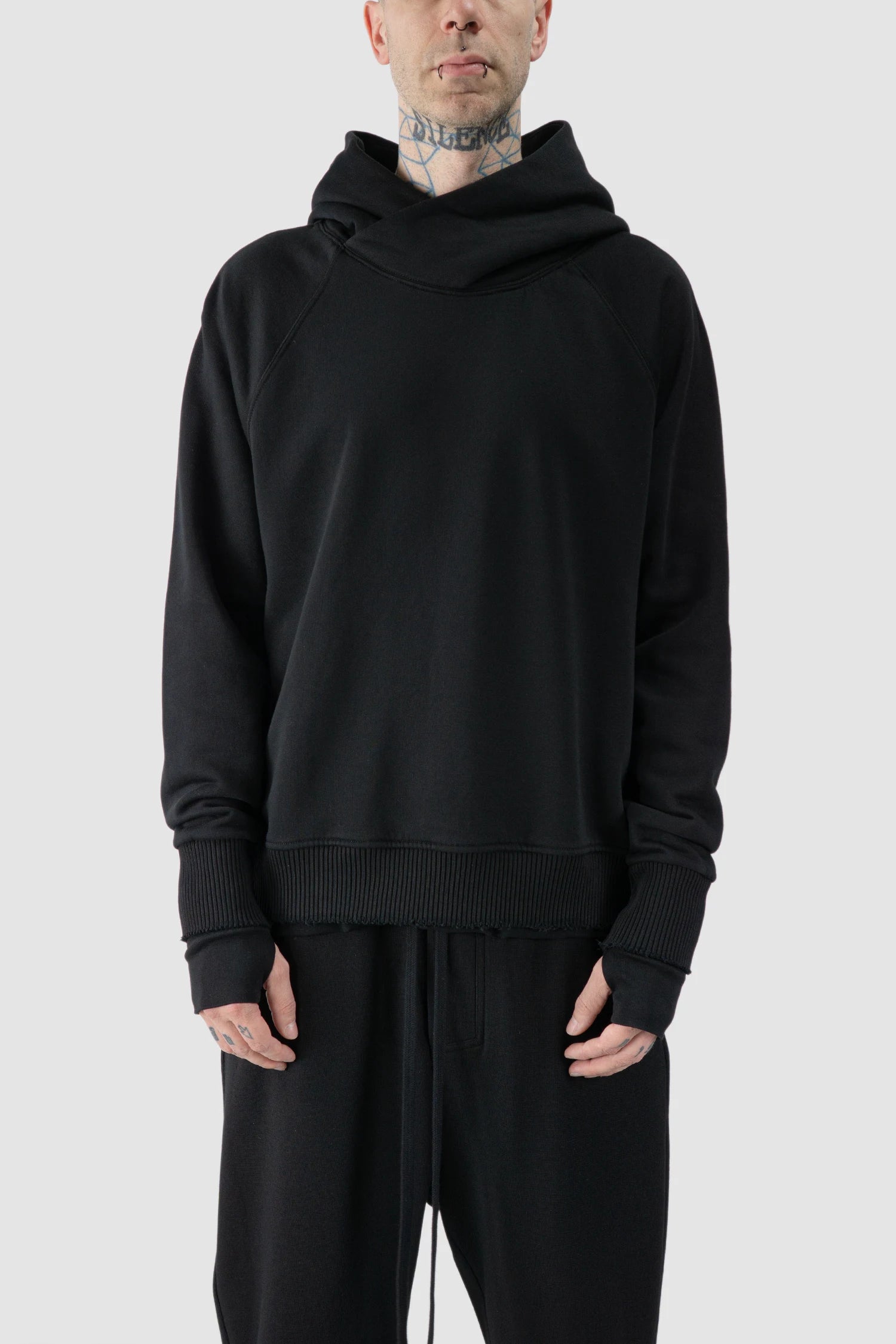 Thom Krom - model front view of black Raglan Sleeve Cotton Hoodie with Destroyed Details - M-S-187