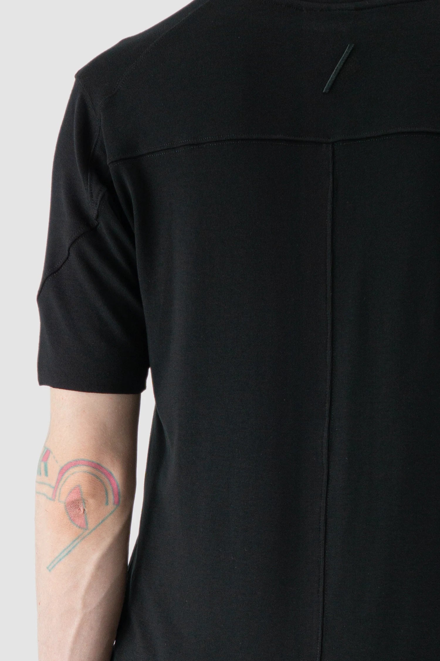 Thom Krom - model arm detail view of black Slim Fit Raw Edge Viscose T-Shirt - M-TS-890