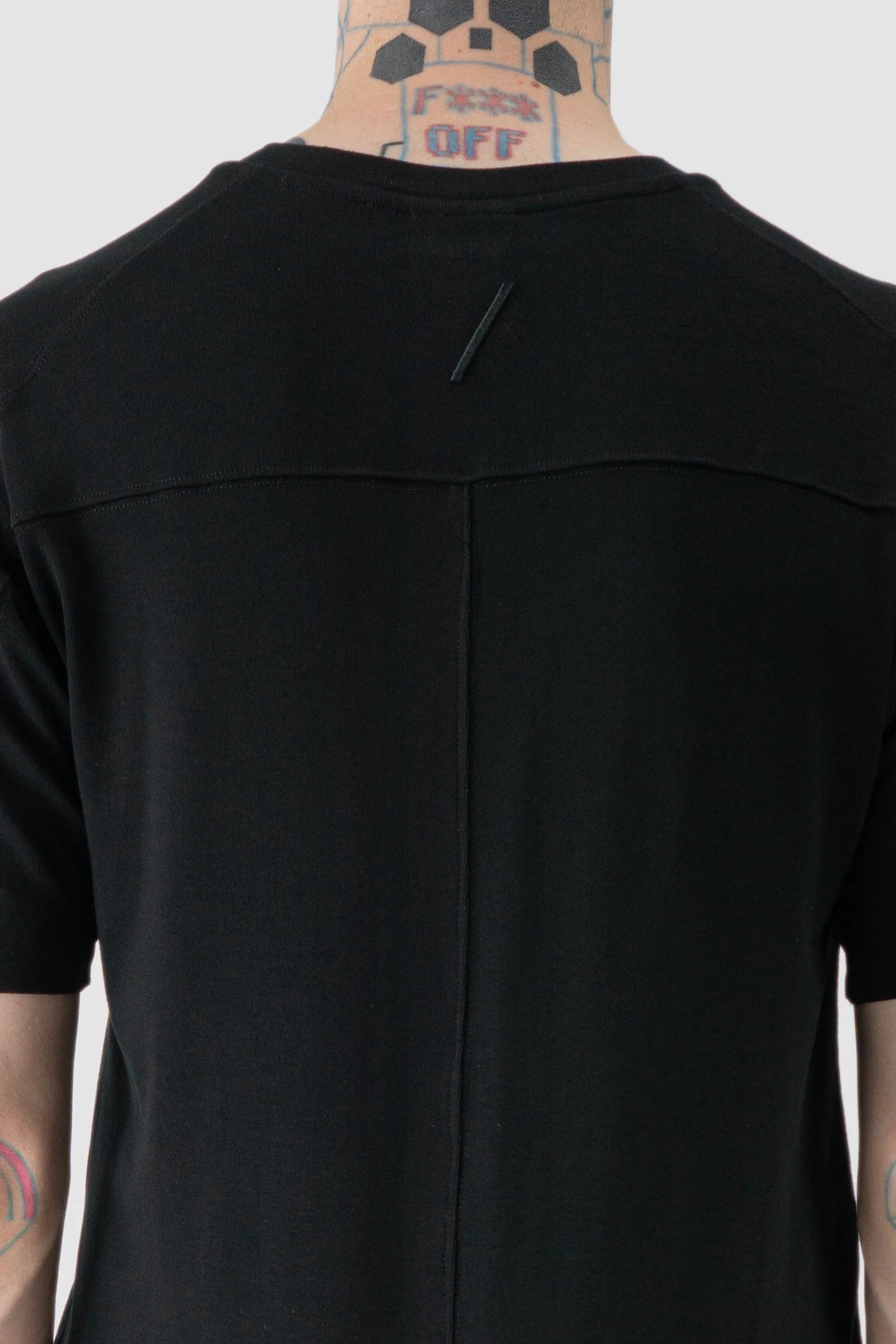 Thom Krom - model back detail view of black Slim Fit Raw Edge Viscose T-Shirt - M-TS-890