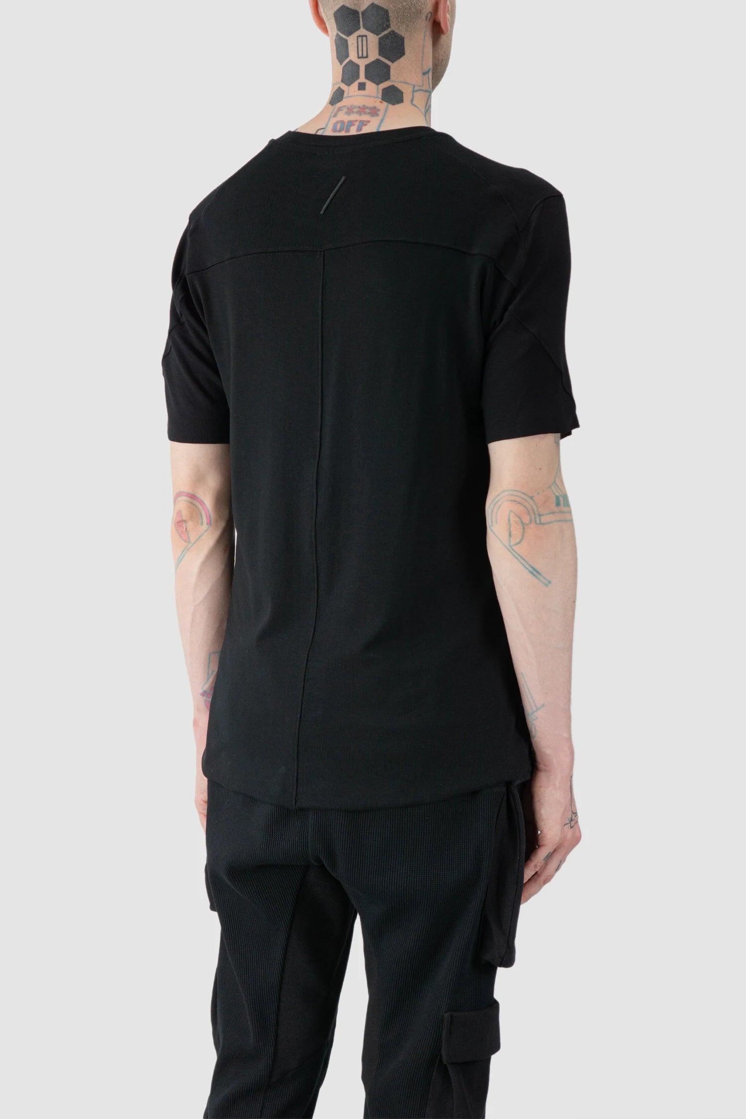 Thom Krom - model back side view of black Slim Fit Raw Edge Viscose T-Shirt - M-TS-890