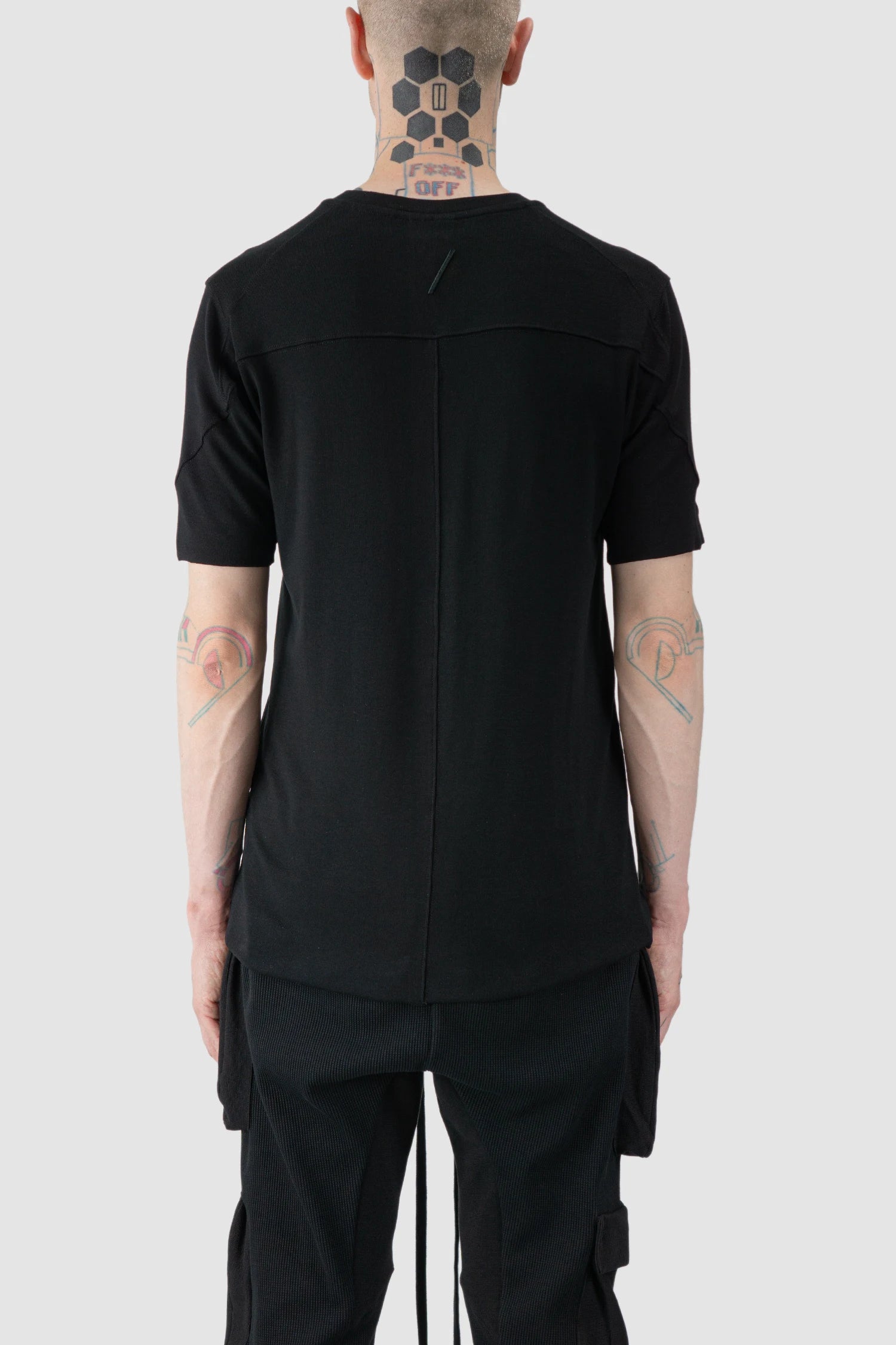Thom Krom - model back view of black Slim Fit Raw Edge Viscose T-Shirt - M-TS-890