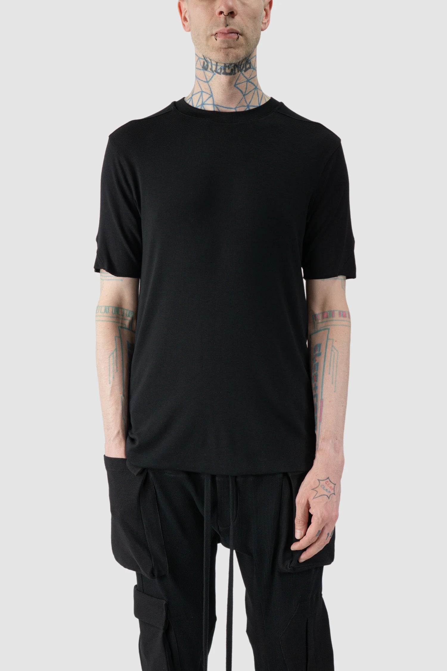 Thom Krom - model front relaxed view of black Slim Fit Raw Edge Viscose T-Shirt - M-TS-890