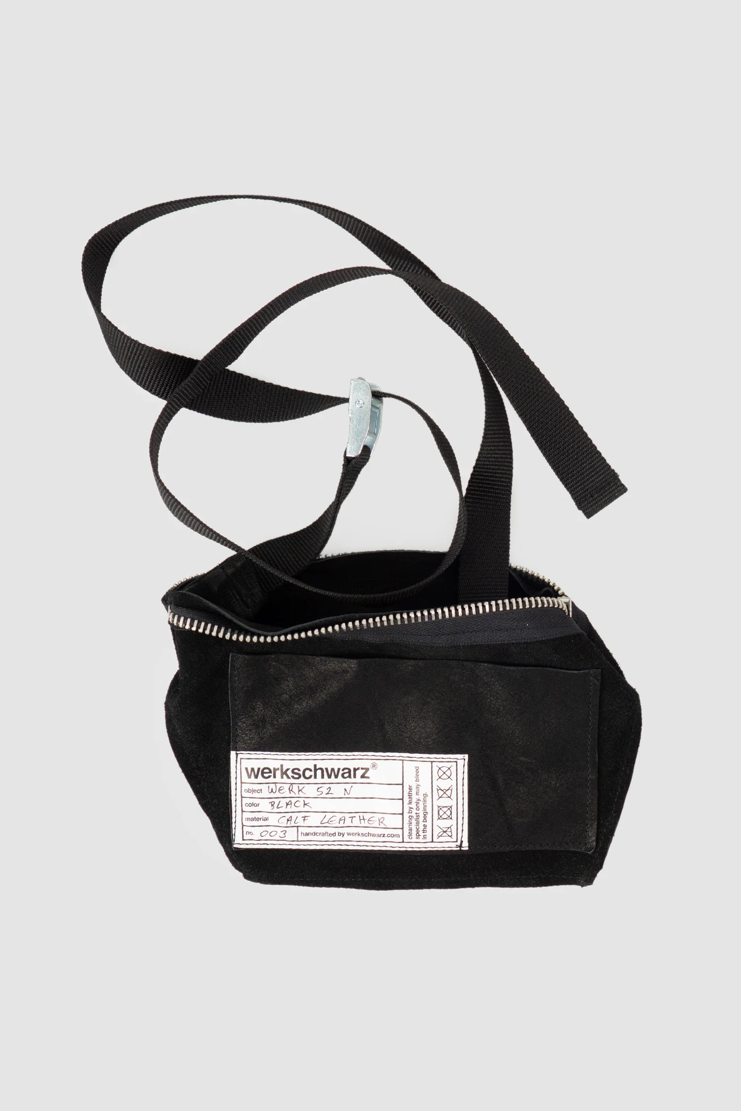 Werkschwarz - item inside out view of men’s FW25 Black Waxed Leather Cross Body Fanny Bag Werk 52N
