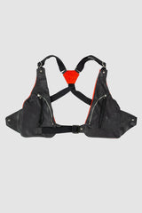 0.Hide - front item view of vegetable tanned black and red horsehide leather cargo vest