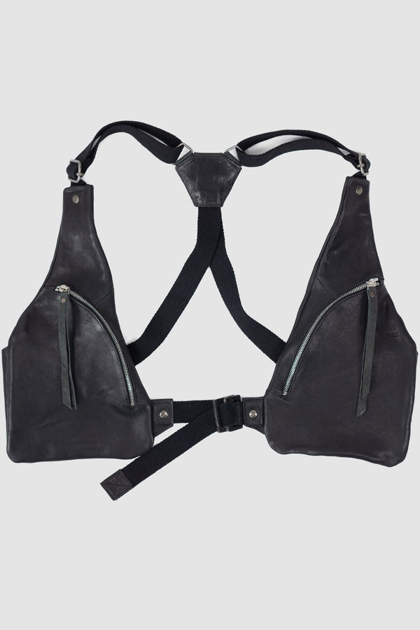 0.Hide - front view of the black Horse Leather Cargo Vest Bag from the Permanent Collection.