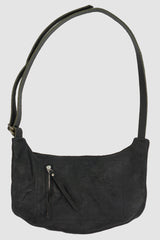 0.Hide - back view of Vegetable Tanned Black Horse Leather Sling Bag from the Permanent Collection with Excella Zipper and Adjustable Strap.