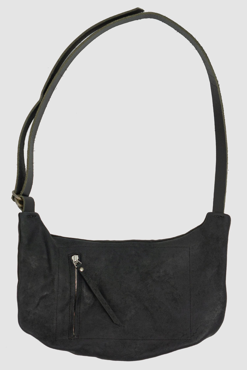 0.Hide - back view of Vegetable Tanned Black Horse Leather Sling Bag from the Permanent Collection with Excella Zipper and Adjustable Strap.