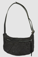 0.Hide - front view of Vegetable Tanned Black Horse Leather Sling Bag from the Permanent Collection with Excella Zipper and Adjustable Strap.