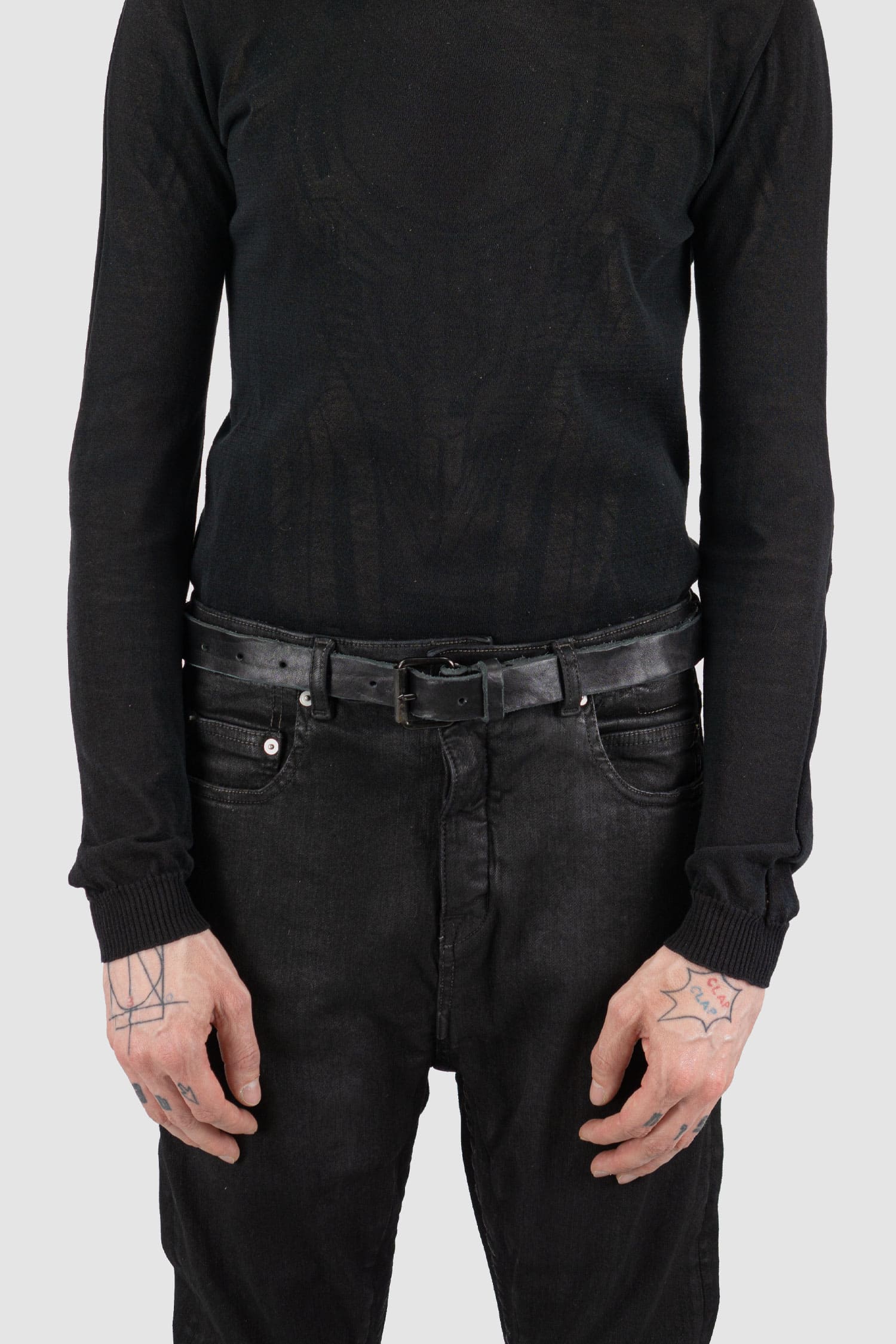 0.Hide - model front view of Vegetable Tanned Black Bull Leather Belt. From the Permanent Collection with Steel Buckle and Crinkled Washed Effect.