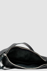 0.Hide - open view of Tanned Black Leather Essential Bag from the Permanent Collection with Excella Zipper and Perforated ‘‘knit’’ Leather.