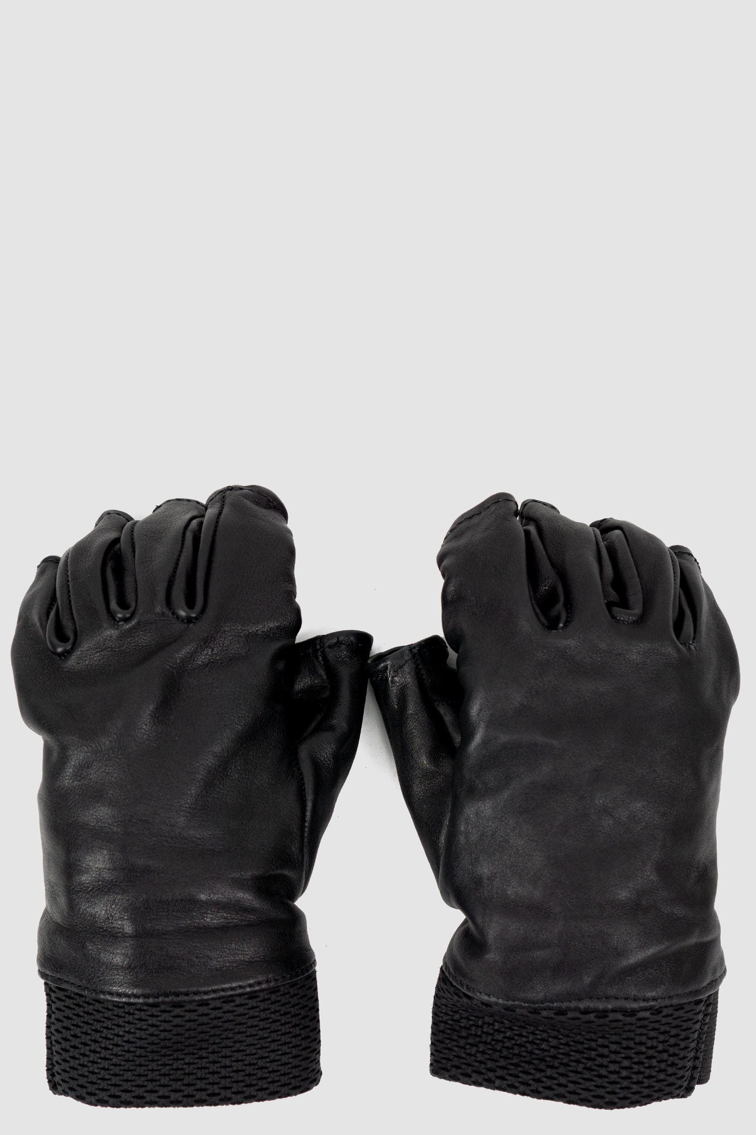 0.Hide - front view of Vegetable Tanned Black Kangaroo Leather Gloves. From the Permanent Collection with Perforated Leather "knit" Detail Cuffs