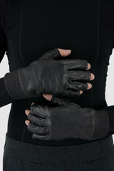 0.Hide - model detail upper view of Vegetable Tanned Black Kangaroo Leather Gloves. From the Permanent Collection with Perforated Leather "knit" Detail Cuffs