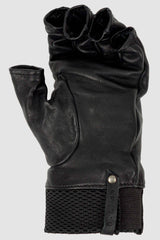 0.Hide - left solo view of Vegetable Tanned Black Kangaroo Leather Gloves. From the Permanent Collection with Perforated Leather "knit" Detail Cuffs