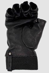 0.Hide - right solo view of Vegetable Tanned Black Kangaroo Leather Gloves. From the Permanent Collection with Perforated Leather "knit" Detail Cuffs