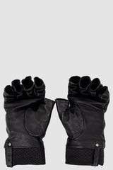 0.Hide - inner view of Vegetable Tanned Black Kangaroo Leather Gloves. From the Permanent Collection with Perforated Leather "knit" Detail Cuffs