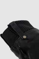 0.Hide - knit detail view of Vegetable Tanned Black Kangaroo Leather Gloves. From the Permanent Collection with Perforated Leather "knit" Detail Cuffs