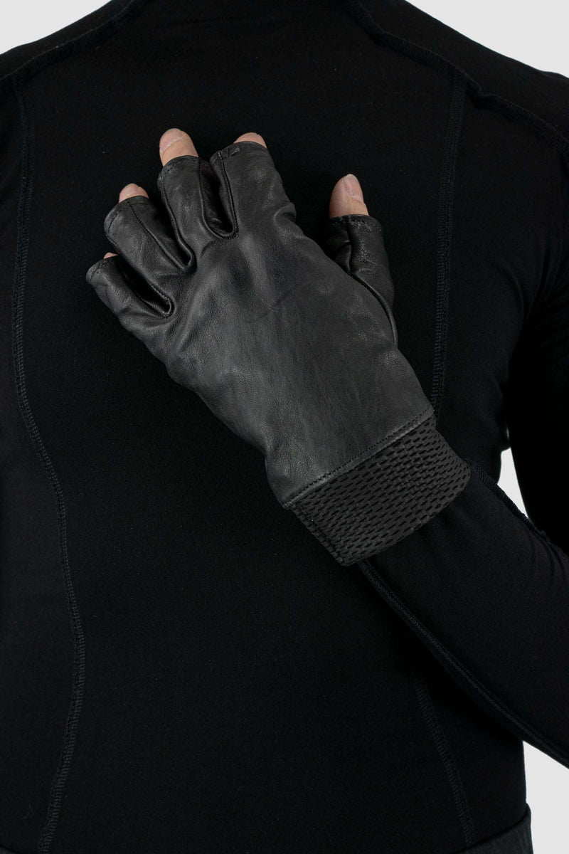 Left view of Black Kangaroo Leather Gloves with perforated knit cuffs, _0.HIDE