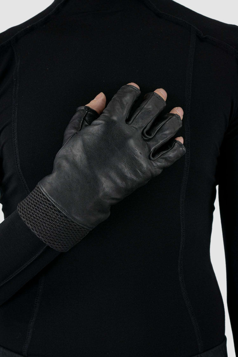Right view of Black Kangaroo Leather Gloves with perforated knit cuffs, _0.HIDE
