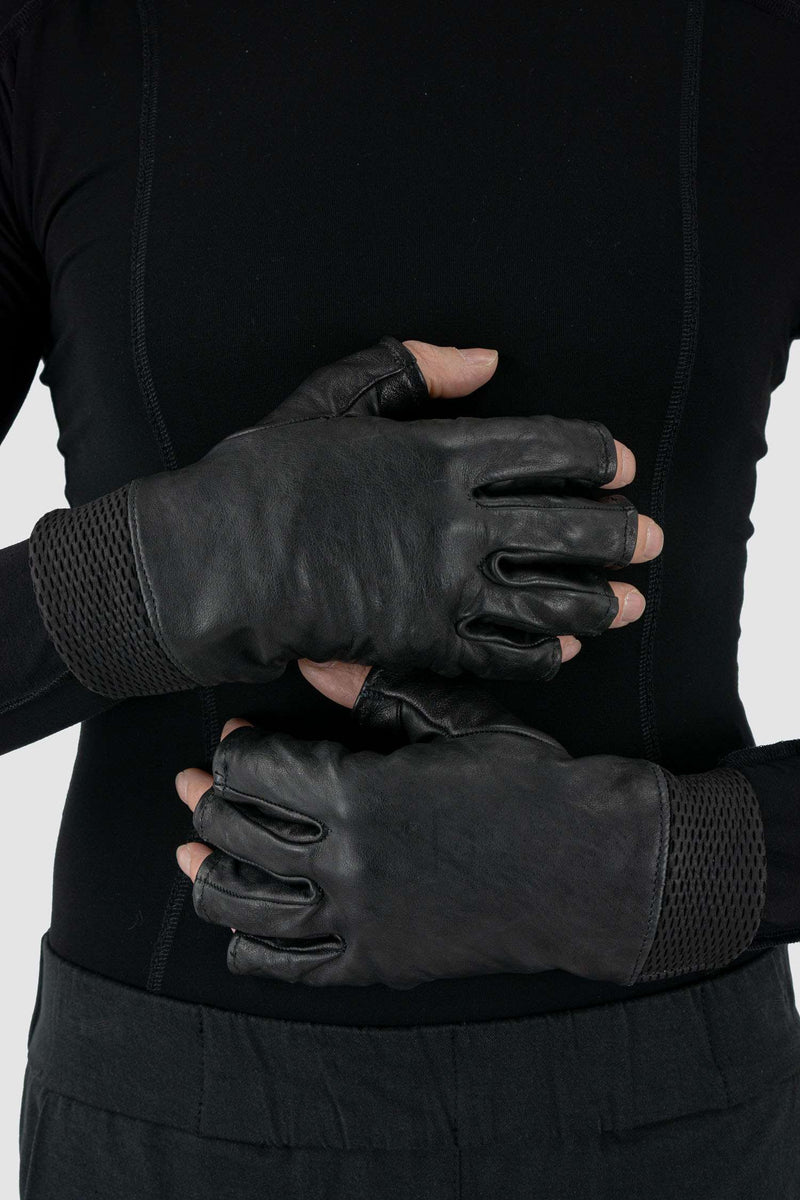 Detail view of Black Kangaroo Leather Gloves with perforated knit cuffs, _0.HIDE