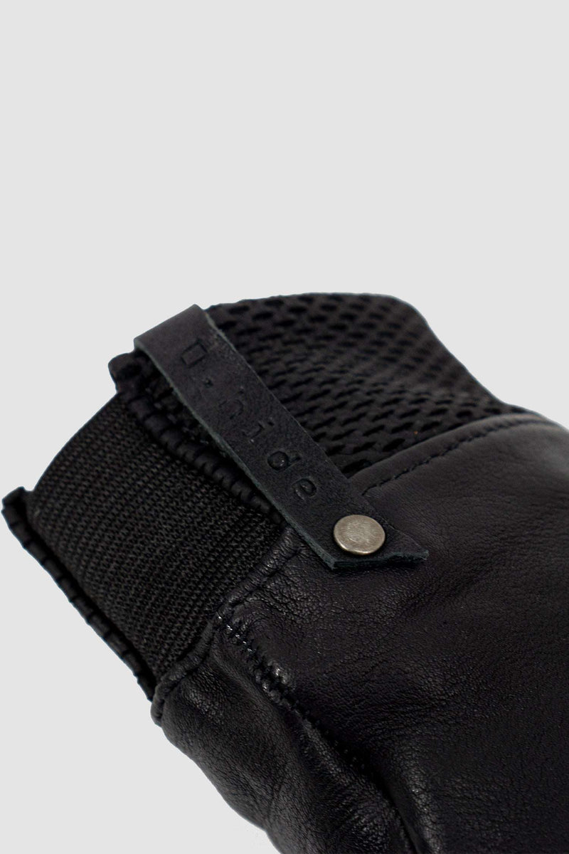 Logo view of Black Kangaroo Leather Gloves with perforated knit cuffs, _0.HIDE