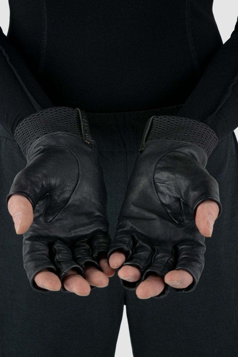 Open hand view of Black Kangaroo Leather Gloves with perforated knit cuffs, _0.HIDE
