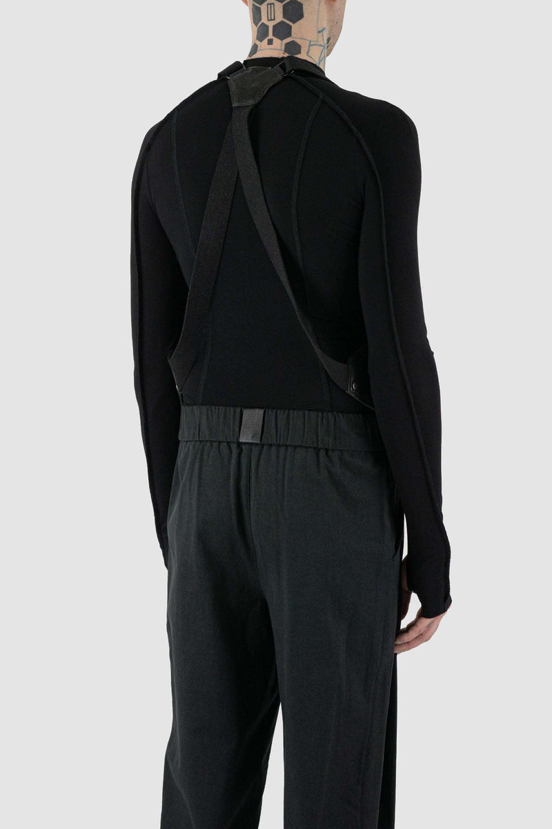 Back view of Black Leather Vest Bag with zip pockets and adjustable straps, _0.HIDE