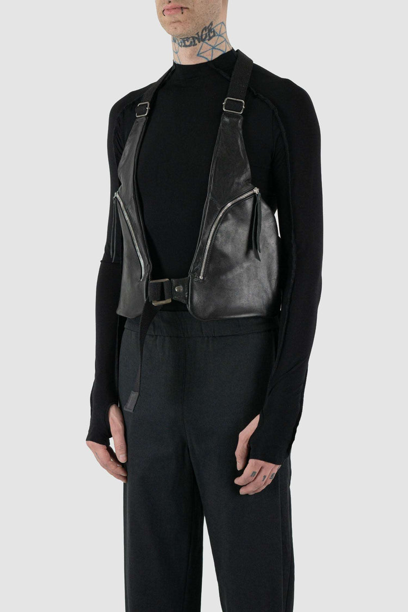 Side view of Black Leather Vest Bag with zip pockets and adjustable straps, _0.HIDE