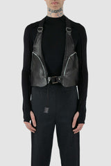 Front view of Black Leather Vest Bag with zip pockets and adjustable straps, _0.HIDE