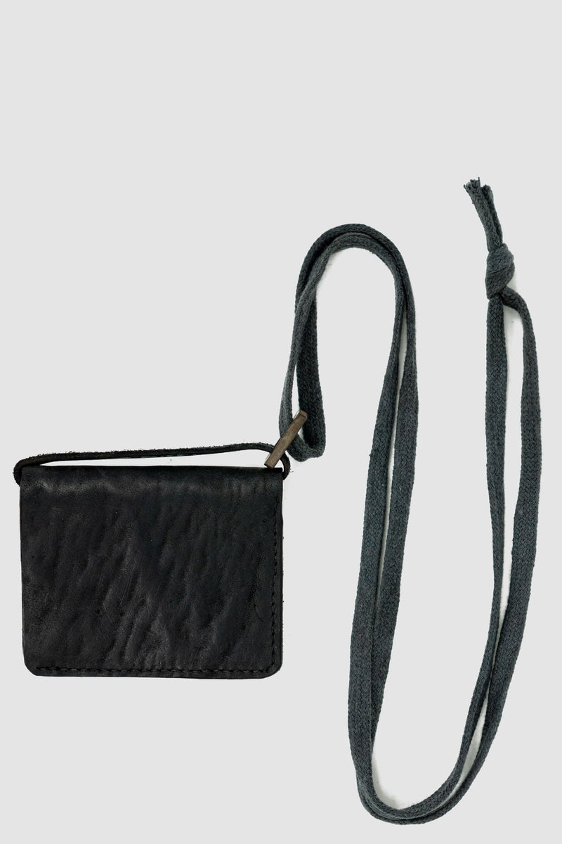 0.Hide - front view of Vegetable Tanned Black Horse Culatta Leather Wallet. From the Permanent Collection with Cotton neck Strap Detail.