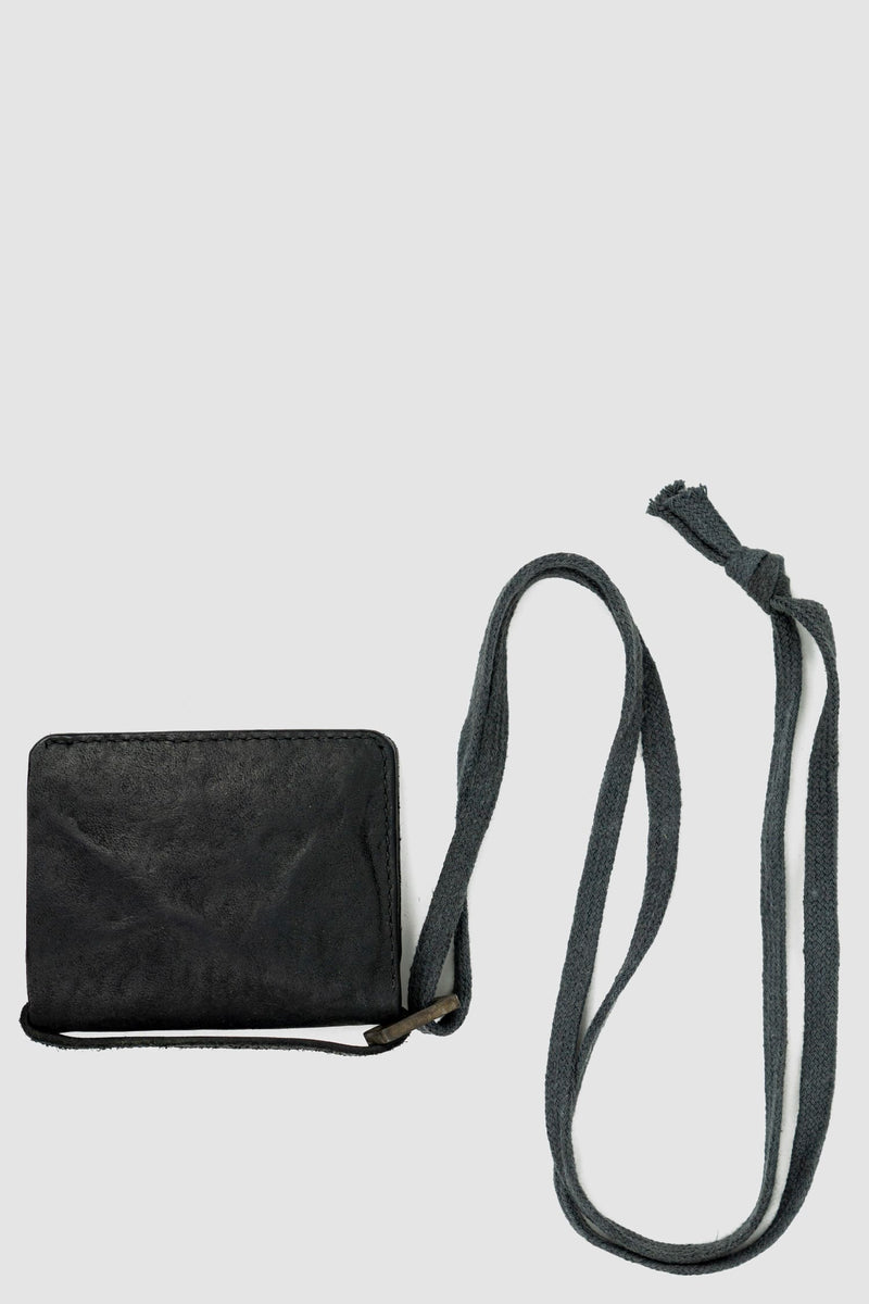 0.Hide - back view of Vegetable Tanned Black Horse Culatta Leather Wallet. From the Permanent Collection with Cotton neck Strap Detail.