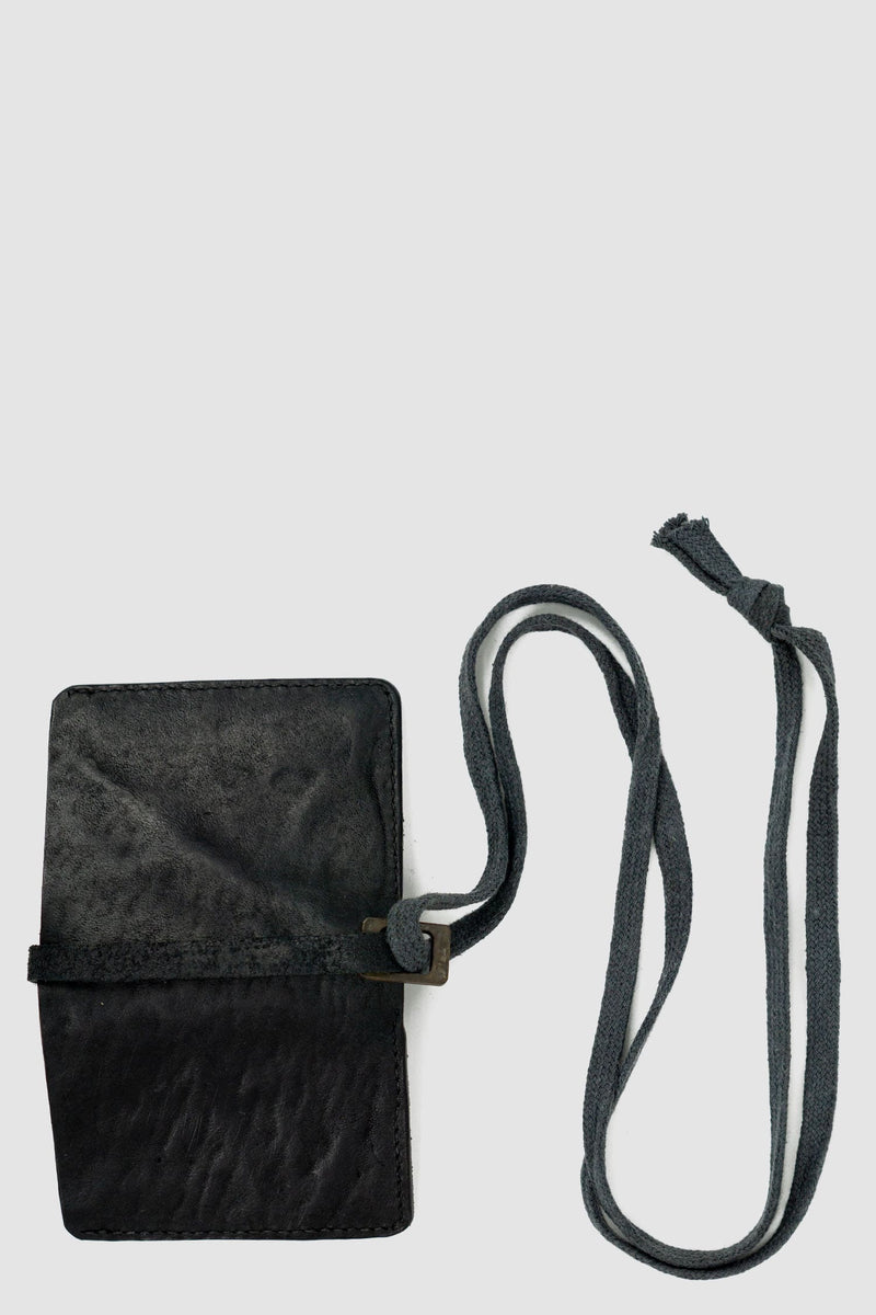 0.Hide - open back view of Vegetable Tanned Black Horse Culatta Leather Wallet. From the Permanent Collection with Cotton neck Strap Detail.