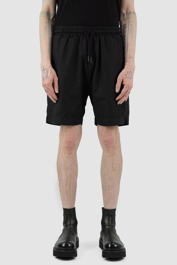 Front view of Black Light Field Shorts for Men with elastic waistband, SS24, NOMEN NESCIO
