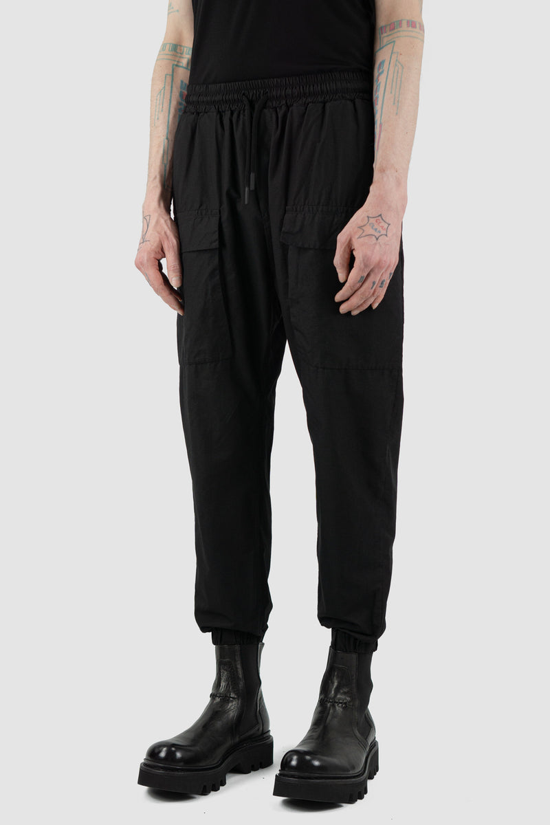 Side view of Black Light Pocket Pants for Men with elastic waistband, SS24, NOMEN NESCIO