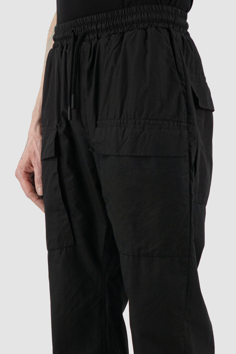 Detail view of Black Light Pocket Pants for Men with elastic waistband, SS24, NOMEN NESCIO