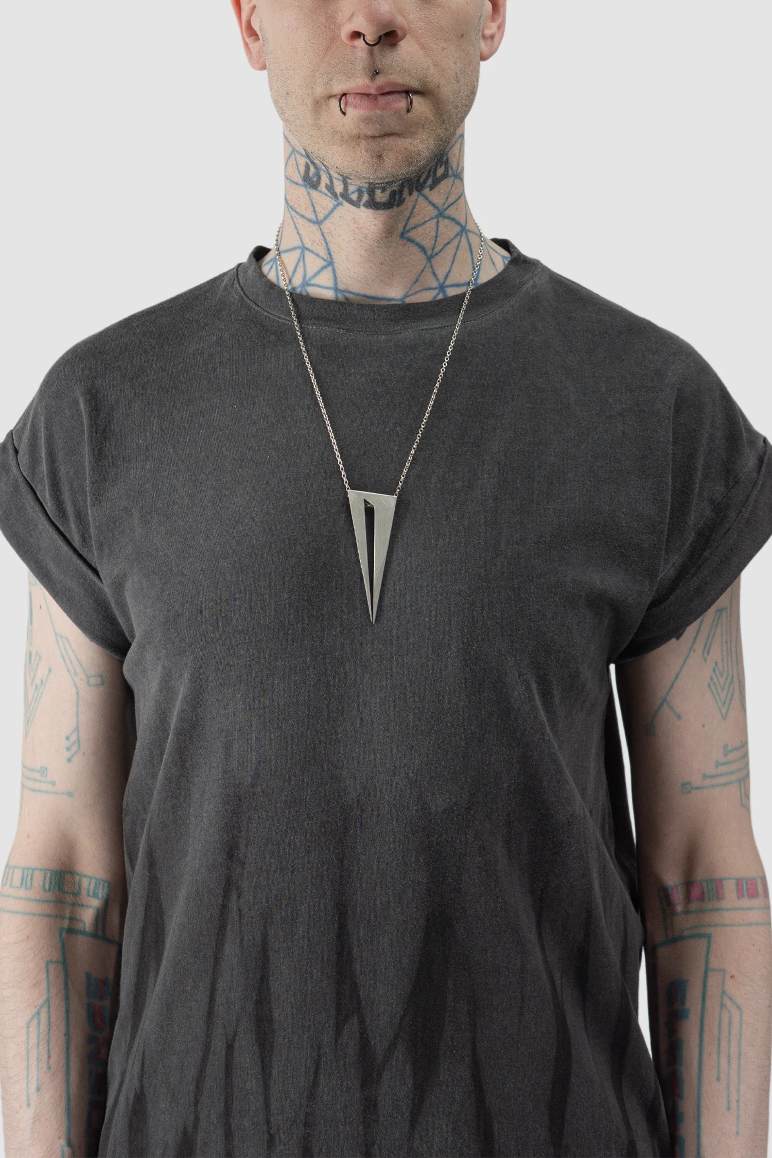 2819 Jewelry - Brushed Fork-Cut Oxidized Silver Pendant on model