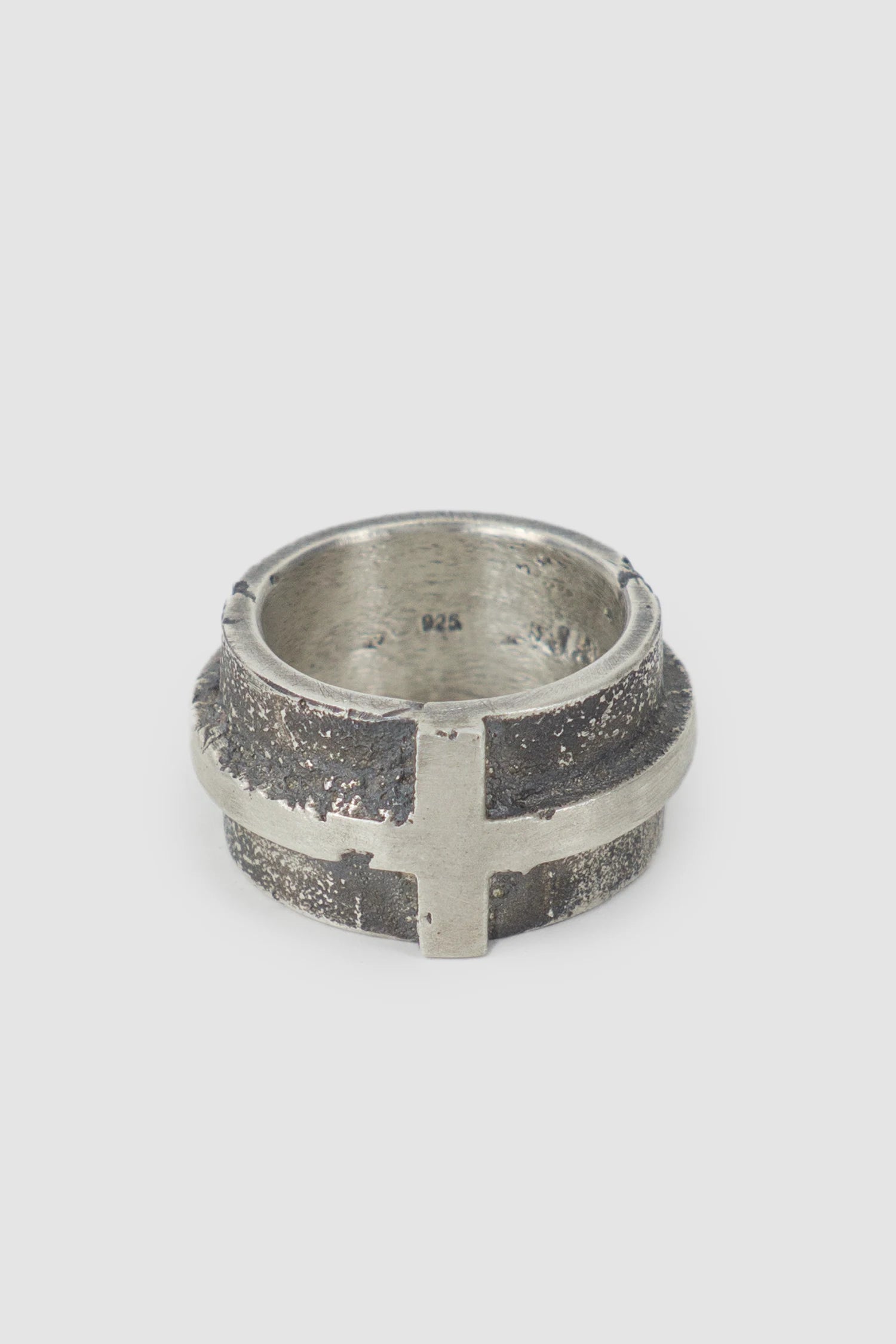 2819 Jewelry - item front view of men’s Oxidized Silver Brutalist Ring with Cross Detail