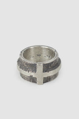 2819 Jewelry - item front view of men’s Oxidized Silver Brutalist Ring with Cross Detail
