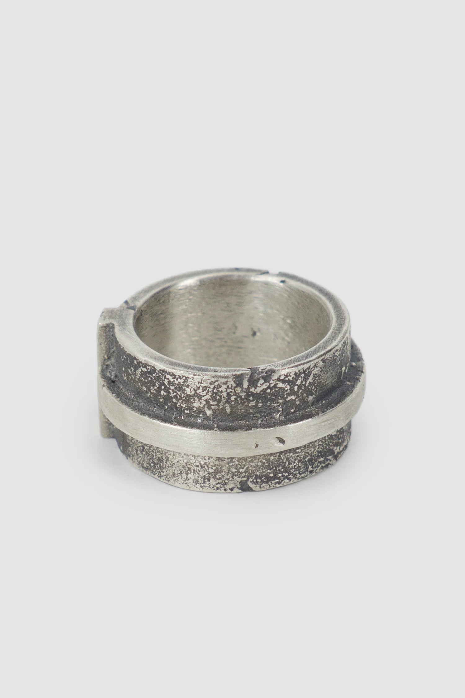 2819 Jewelry - item left view of men’s Oxidized Silver Brutalist Ring with Cross Detail