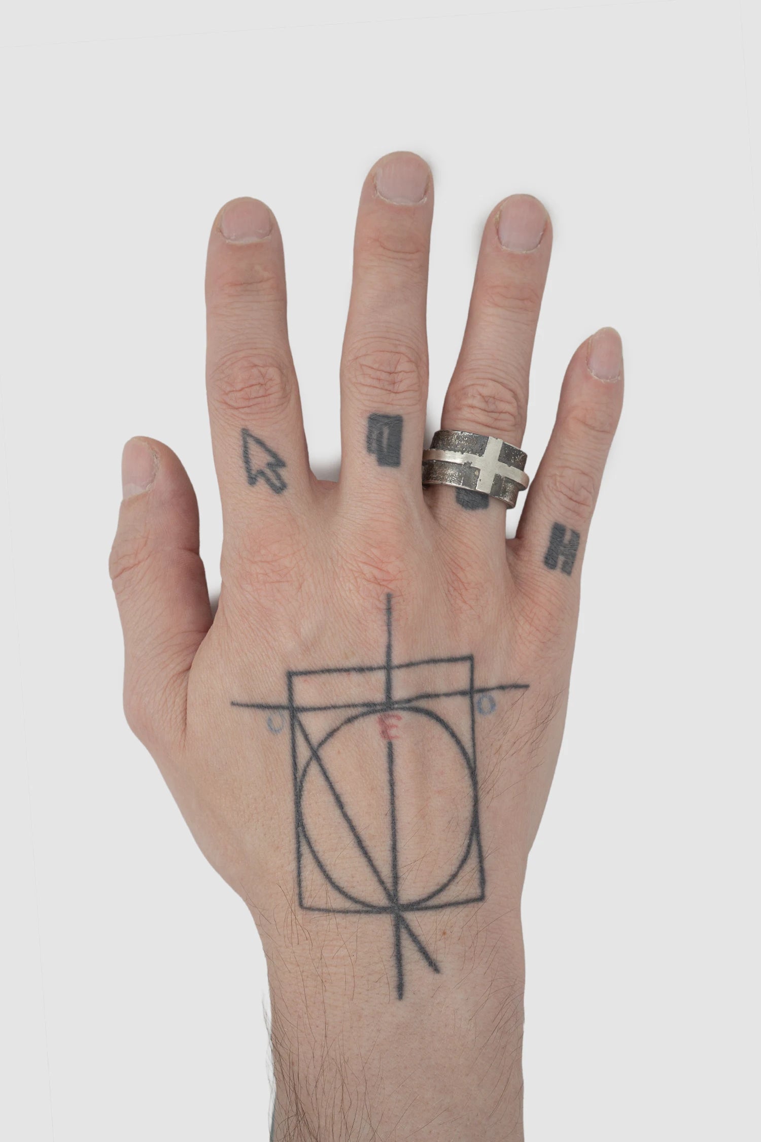 2819 Jewelry - model view of men’s Oxidized Silver Brutalist Ring with Cross Detail
