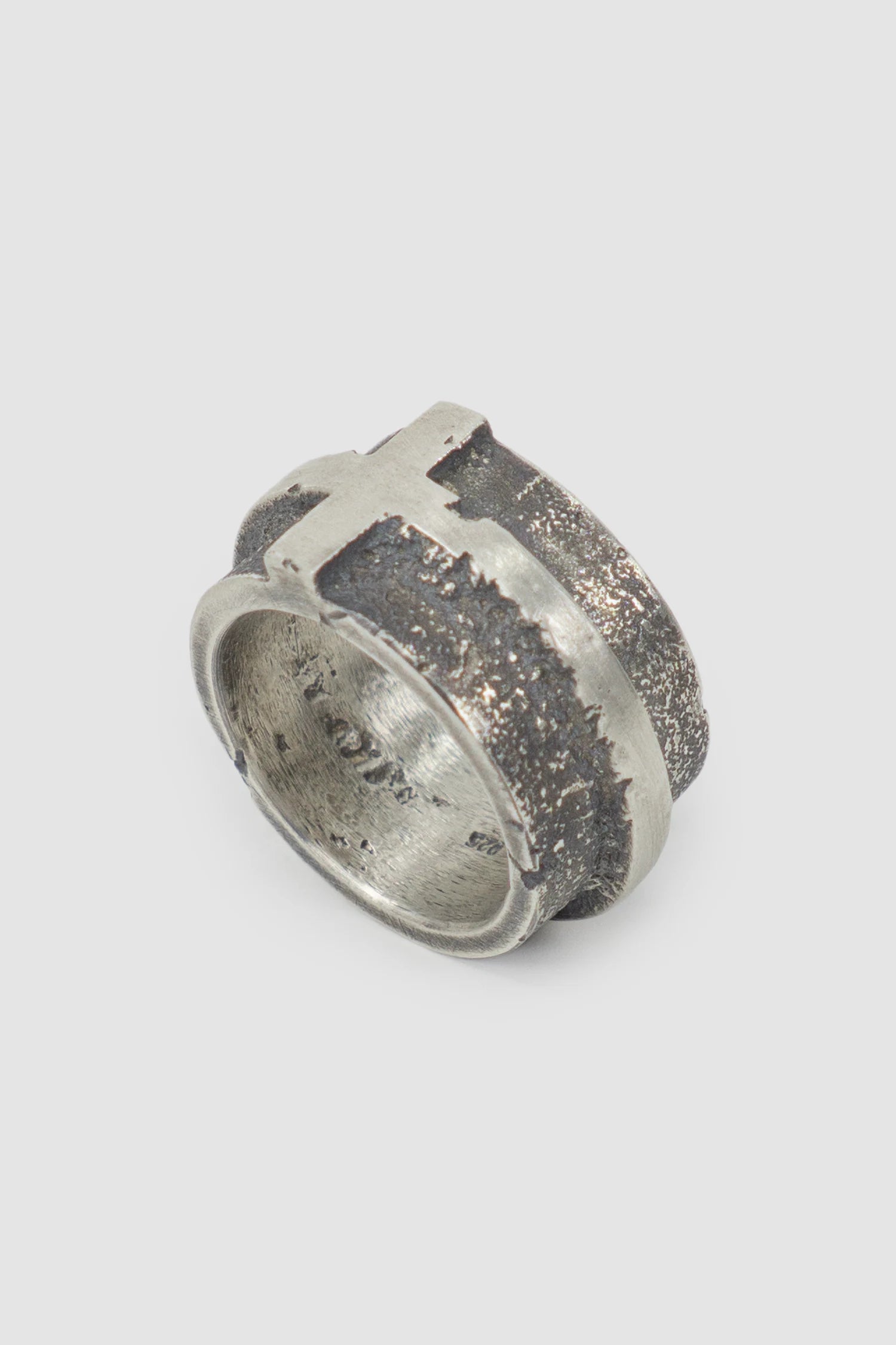2819 Jewelry - item standing view of men’s Oxidized Silver Brutalist Ring with Cross Detail