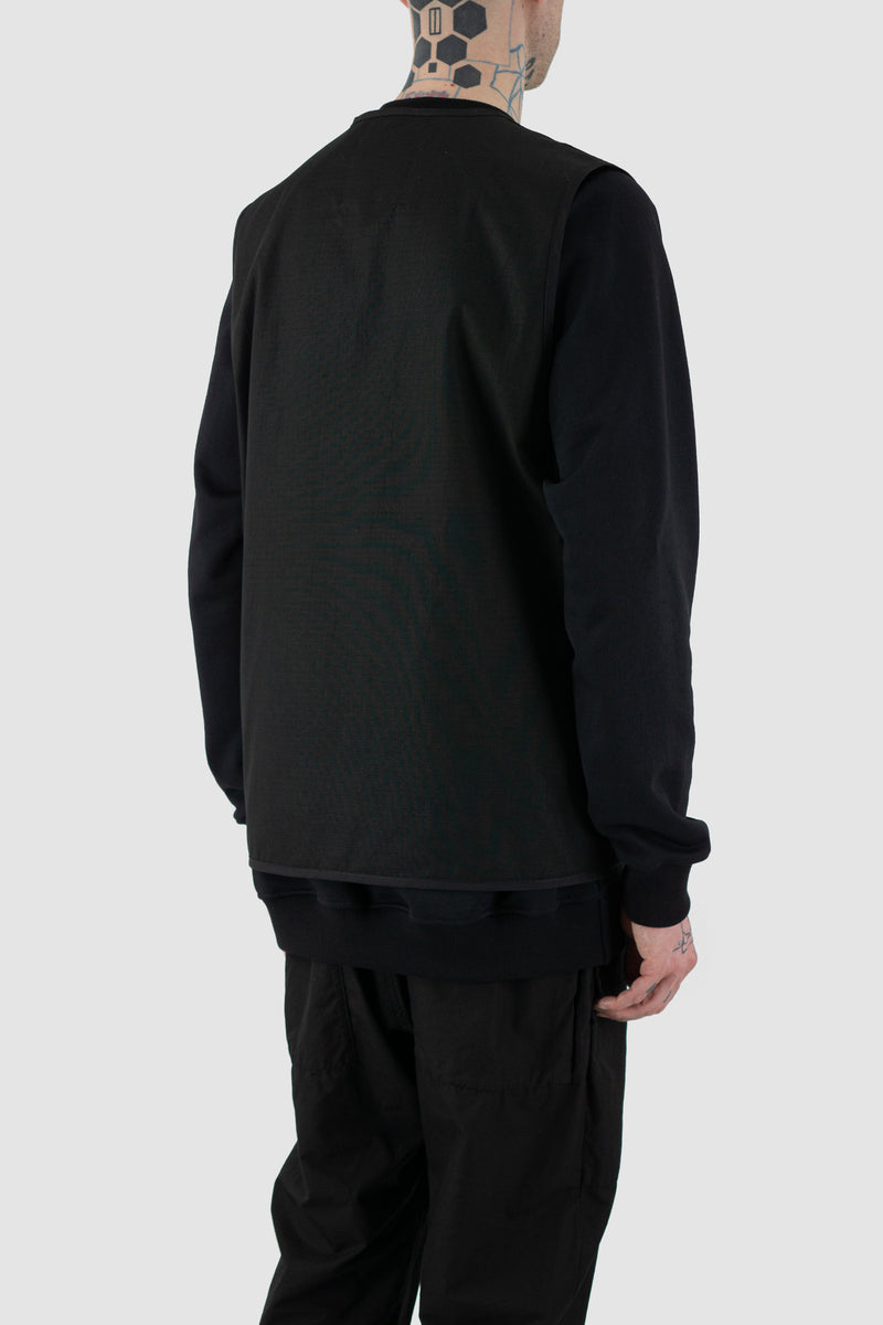 Back view of Black Cotton Field Vest for Men with multiple pockets and loose fit, SS24, NOMEN NESCIO