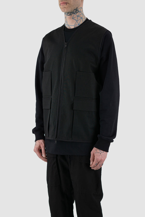 Side view of Black Cotton Field Vest for Men with multiple pockets and loose fit, SS24, NOMEN NESCIO