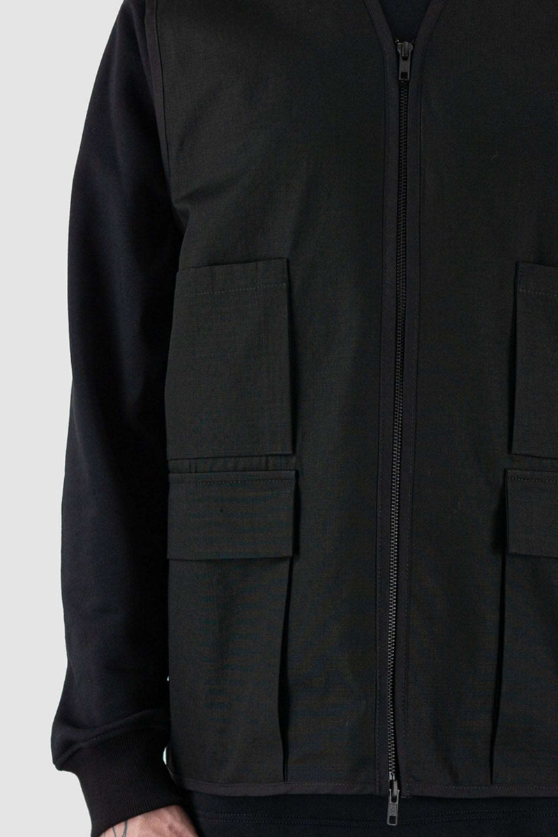 Close up view of Black Cotton Field Vest for Men with multiple pockets and loose fit, SS24, NOMEN NESCIO