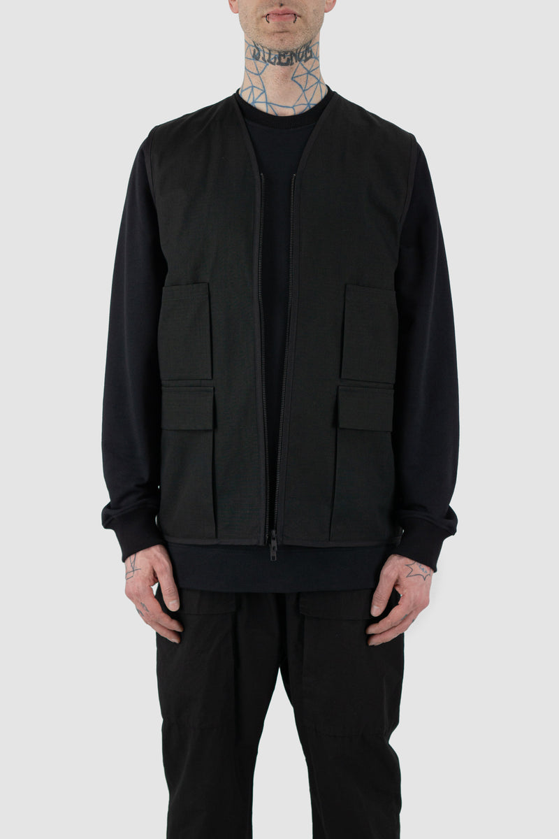 Open view of Black Cotton Field Vest for Men with multiple pockets and loose fit, SS24, NOMEN NESCIO
