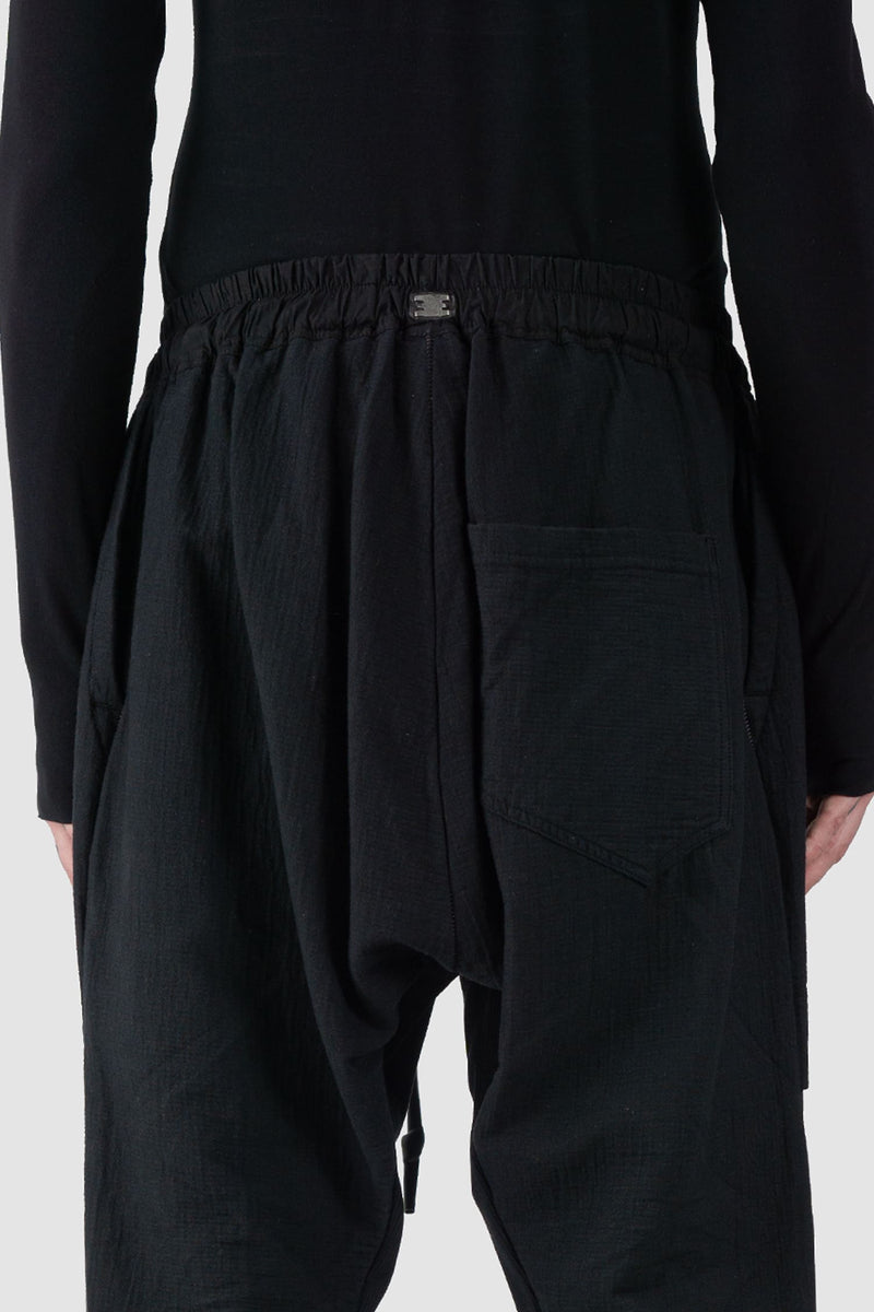 69 by Isaac Sellam - back detail view of Black Deep Crotch Patch Pocket Jogging Trousers