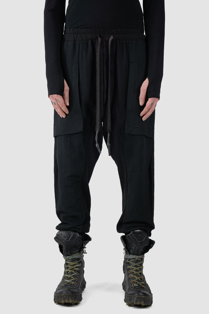 69 by Isaac Sellam - front view of Black Deep Crotch Patch Pocket Jogging Trousers